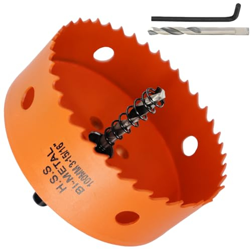 100mm Hole Saw, 3-16/15'' HSS Bi-Metal Hole Cutter with Arbor, Cutting Depth 32 mm, Hole Saw Drill Bit for Cutting Wood, Plywood, Plastic, Drywall, Thin Metal Sheets (with 1 spare drill)