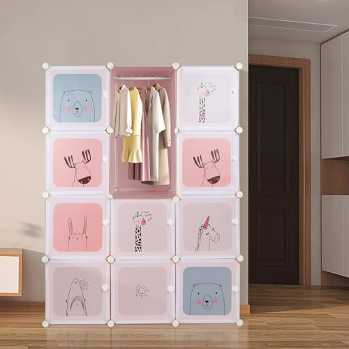 Armoire pour enfants, armoire de chambre à coucher, armoire modulaire, en plastique, avec portes, portable, penderie pour enfants (110 x 145 x 37 cm, rose)