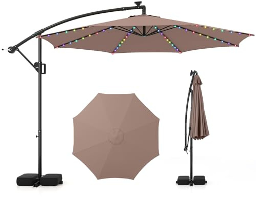GYMAX Ombrellone da Balcone 3x3 M, Ombrellone Decentrato Laterale Roma Inclinabile, 40 Perle Luci LED Solari Luminose, con Manovella, Giardino Patio Terrazzo Caffetteria Ristorante