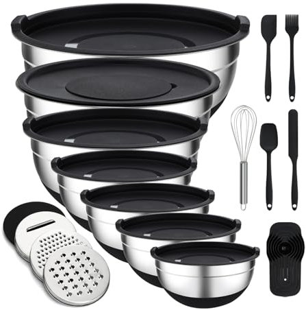 Unokit Mixing Bowls with Lids Set - 7 Pcs Stainless Steel Mixing Bowls with 3 Grater Attachments, Non-Slip Silicone Base Mixing Bowl Set for Kitchen