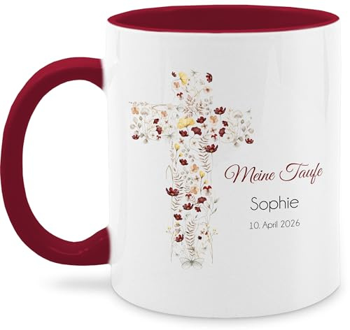 Tasse Tassen 325ml - Meine Taufe Blumenkreuz | Tauf Geschenk | Taufgeschenk | Geschenke für die Taufe | Patenkind zur Taufe Geschenke - 325 ml - Bordeauxrot - kommunion