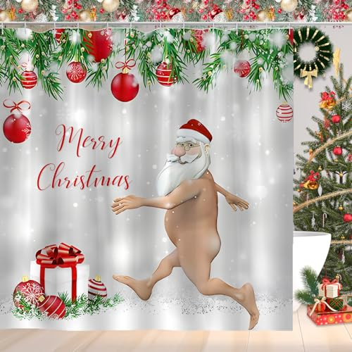 CoFlink 71×71 Inch Merry Christmas Shower Curtain, Waterproof Polyester Fabric Xmas Shower Curtain with 12 Hooks Machine Washable Quick Dry for Bathroom Decor (Brown-Look Back)