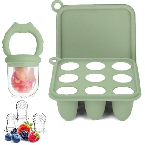 WeSweet Fruit Feeder for Baby - Silicone Ice Lolly Moulds with 3 Extra Feeder Pacifier- for Teething Relief & Infant Self Feeding (Cat Green)