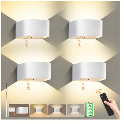 Akku Wandleuchte Innen Ohne Stromanschluss, 5000mAh Wandlampe Wiederaufladbare LED Lampe Bewegungsmelder, 4 Stück, Helligkeit Einstellbar, 3 Farben Kabellos Wandbeleuchtung für Treppe, Flur, Garage