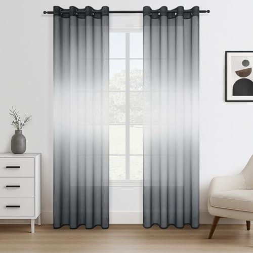 Topfinel Vorhänge Wohnzimmer Modern Grau Vorhang mit Ösen Stores Gardinen Transparent Sheer Voile Vorhang Zweifarbiger 140 X 225 cm (B x H) 2er Set