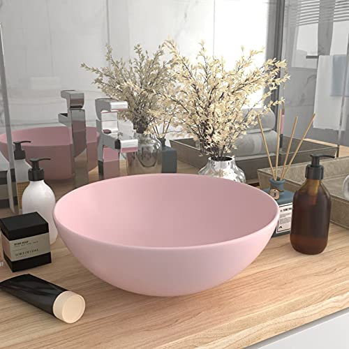 Festnight Lavandino da Bagno, Lavabo Appoggio Design, Lavabo da Appoggio in Ceramica Rotondo Rosa Opaco