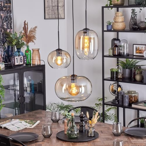 HOFSTEIN Hängeleuchte Apedo, 3-flammige Hängelampe aus Metall/Glas in Schwarz/Bernstein/Klar, moderne Pendelleuchte im Retro/Vintage-Design, Schirme Ø 20; 30 cm, E27, Esszimmer, Küche, Wohnzimmer