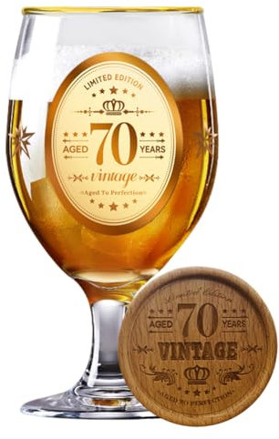 DEARLIVES 70th Personalised Birthday Gifts Beer Glasses, 70th Birthday 450ml/15oz Custom Beer Mug with Wooden Coaster for Men, Dad, Husband, Brothers, Friends, Boyfriend