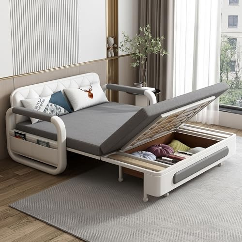 Multifunctional Folding Sofa Bed with Storage & Latex Mattress - 2-Seater Convertible Sofa Bed double Metal Frame (158cm/128cm) Grey & White Ideal for Living Room Study Apartment
