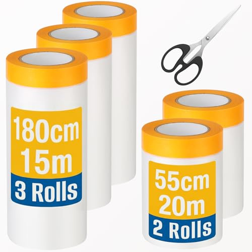 Furuising 85m 5 Rollen Abdeckfolie mit Klebeband (180cm*15m*3 + 55cm*20m*2) | Abdeckfolie Maler Inklusive Schere, Abklebeband mit Folie Selbstklebende für Möbel, Boden, Wände, Auto Schutz