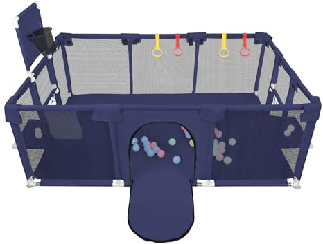 XUANYU Laufgitter für Babys, modular, Laufgitter für Kinder, 180 x 120 x 66 cm, Barriere für Babyspiele, Laufgitter aus Oxford-Stoff, 4 Griffringe, 8 Saugnäpfe, 50 Bälle und Basketballkorb (blau)