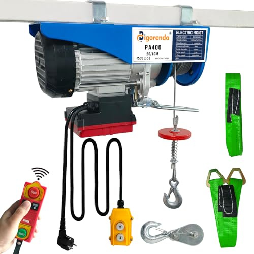 Bigorenda Elektrische Seilwinde 200-400kg,2-in-1 Motorwinde mit 100m kabelloser und kabelgebundener Fernbedienung,Hubhöhe 20m,Einzel/Doppelschlingen,Hubgeschwindigkeit 10m/min,für Fabrik,Lager,Garage
