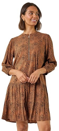 Roman Originals Spot Print Zip Front Dress for Women UK - Ladies Everyday Autumn Winter Round Neckline Comfy Soft Evening Vacation Work Party Night Out