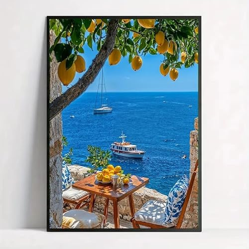 DAMAIART Italienisches Zitronenbaum-Boot, Seelandschaft, Retro, mediterrane Landschaft, Poster, Leinwandbild, Wandkunst, Bilder, Heimdekoration (30 x 40 cm/Innenrahmen)