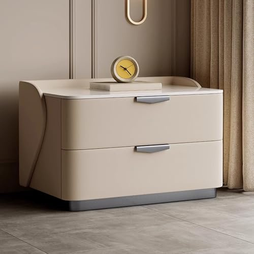JDPYURV Table De Chevet Simple Et Moderne en Bois Massif avec Deux Tiroirs, Table De Chevet De Couleur Crème Aucun Assemblage Requis avec Plateau en Verre Trempé, pour Chambre, Salon, Bureau(D)