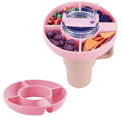 snackschale für Stanley Cup 40oz, Snack-Tablett,Wiederverwendbare Silikon Stanley Cup Zubehör mit 4 Fächern,Tumbler-Snack-Tablett für Süßigkeiten, Popcorn, für Auto, Kino (Rosa,Silikonversion)