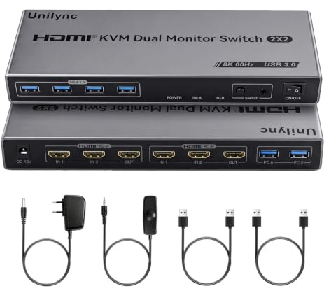 Unilync HDMI2.1 KVM Switch 8K@60Hz 4K@120Hz USB 3.0 Switch mit 2 USB | 2PC Sharing 2 Monitor und Tastatur, Maus, Drucker, U disk; Kompatibel mit Windows/Linux/MacOS