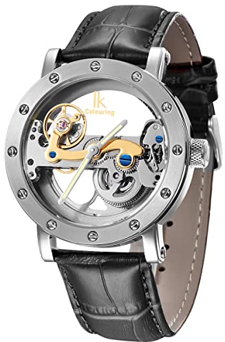 Alienwork IK Automatikuhr Armbanduhr Herren Damen Silber Lederarmband Schwarz Skelett Glasboden