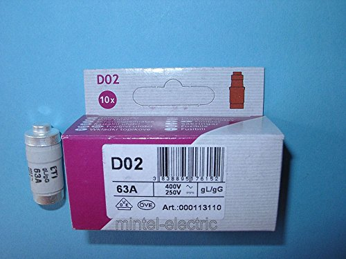 ETI 10x NEOZED E18 D02 Schmelzeinsatz 63A gL/gG Weiß Keramik, Metall VDE Durchsteckmontage Sicherungseinsatz Sicherung