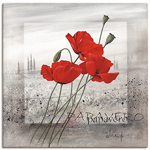 ARTLAND Wanddeko Leinwand Bilder Wandbild 40 x 40 cm Pflanzen Blumen Mohnblumen Rot Nebel Blumenwiese Landschaften Italien Q5JU