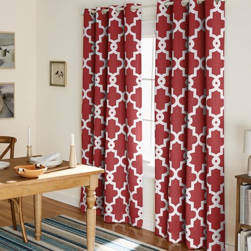 TOWN & COUNTRY EVERYDAY Ironwork Geo Trellis Sateen Indoor Curtains, Room Darkening Blackout, Grommet Top, Energy Efficient, 2-Pack Set, 52x84, Burgundy