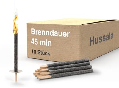 Hussala Diamond Wachsfackeln [10 Stück / 45 min] mit Holzstab und Tropschutz, Garten Fackeln aus Diamond-Wachs