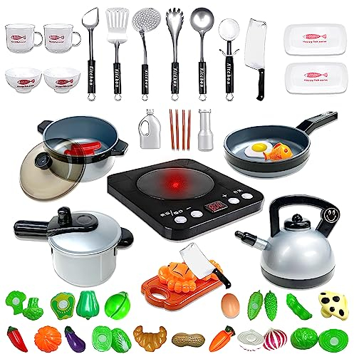 Play Food Set Pretend Play Kids 32 Pcs Cookware Kitchen Set Dinner Set Vegetables Cutting Fruit & Stove & Utensils Kitchen Appliance Gift for Girls Learning Educational Toys