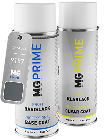 MG PRIME Autolack Sprühdosen Set für Skoda 9157 / 2G Platin Grey Metallic Basislack Klarlack Spraydose 400ml