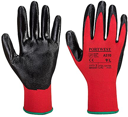 Portwest A310 Flexo Grip Nitril Handschuh Für Auto-Reparatur | Rot/Schwarz, S, CE Zertifiziert Dokumentierte Konformität, EN ISO 21420:2020 Präzise Handhabung, Polyesterfutter, Fusselarm