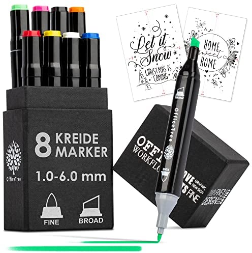 OfficeTree 8 x Kreidemarker Bunt - Kreidestifte für Fenster Vorlagen - Kreidestifte für Tafel Abwaschbar - Fenstermalstifte Abwaschbar Kinder - inklusive 2 Malvorlagen als Download