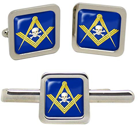 Giftshop UK Maçonnique Tête de Mort Carré Boutons de Manchettes et Pince à Cravate Ensemble
