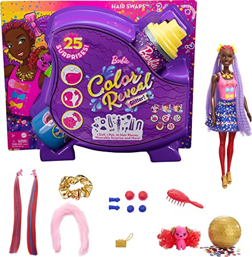 Barbie HBG40 - Color Reveal Bows Haarwechsel Puppe, Glitzerblau Spielset mit 25 Überraschungen rund um Haarstyling und Party, Spielzeug ab 3 Jahren