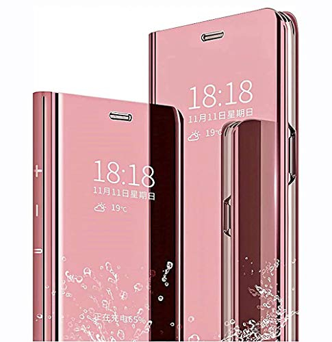 LINER Hülle für Xiaomi 11 Lite 5G NE/Xiaomi Mi 11 Lite, Handyhülle Clear View Cover Spiegel Flip PU Leder Hülle Plating PC Schutzhülle mit Hart Standfunktion für Xiaomi 11 Lite 5G NE - Roségold