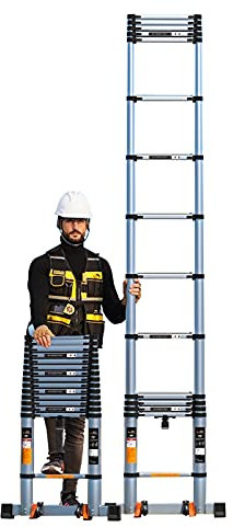 Scala Telescopica Più Lunga 8 M / 24 Piedi Con Stabilizzatore e Ruote - Pieghevole in Alluminio, Estensione Professionale, Carico 150 Kg / 330 Bls