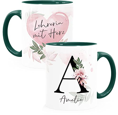SpecialMe® Kaffee-Tasse mit Name und Spruch mit Herz Initiale Monogramm Dankeschön personalisierte Geschenke Lehrerin inner-grün Keramik-Tasse