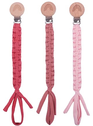SWECOMZE 3 Pcs Schnullerkette Baumwolle Schnullerband Baby Schnullerketten Clips für Neugeboren Mädchen und Jungs Lätzchen Dreieckstuch Sauger Schnuller (Dunkelrosa+Rosa+Wassermelonenrot)