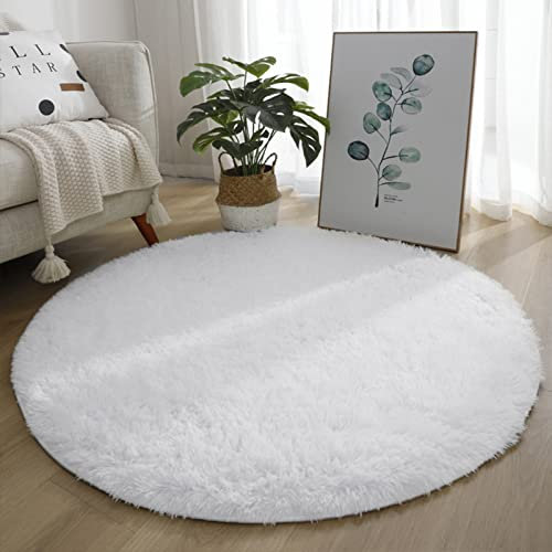 Lifup Teppich Shaggy Anti Rutsch Pflegeleicht, Rund Langflor Teppich für Wohnzimmer Schlafzimmer Kinderzimmer Weiß 110 cm