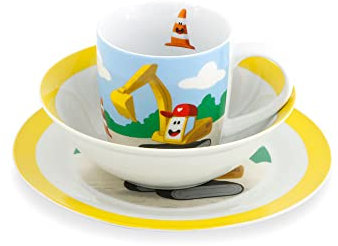 GREENBOX Porzellan Kinder-Geschirrset I Frühstücksset 3-teilig spülmaschinenfest I Tasse-Teller-Schüssel-Set mit Motiv I Geschenkideen für Kinder I lustiges Kindergeschirr mit Bagger-Bild