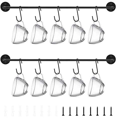 Mardatt 12Pcs Coffee Mug Holder with S Hooks, Mug Cup Holder Wall Mounted Cup Hanger Display Decor Mug Racks Rustic Utensil Tea Cups Storage Organizer Pots Hanging Rack for Kitchen Wall Coffee Barr