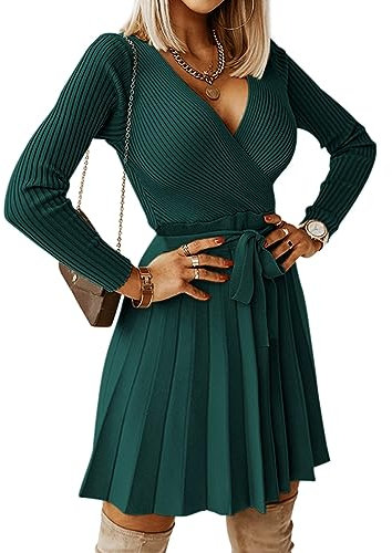 Livonmone Women's Winter Jumper Dress Long Sleeve V-Neck Knitted Dress High Waist Elegant Short Dresses Dark Green L
