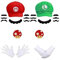 Super Bros Mützen Caps Schnurrbärte Handschuhe Knöpfe Cosplay Kostüm Unisex Hut Kappe Set Handschuhe Pilz Brosche Cosplay Kostüm Halloween Baseball Anime Unisex Rollenspiel Hut (Grün + Rot), Grün +