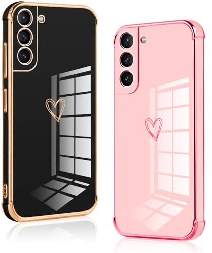 Vauki [2 Packs Coque pour Samsung Galaxy S21 5G, Silicone Antichoc Housse, Étui avec Motif Coeur et Bordure Dorée pour Samsung S21 5G, Noir et Rose