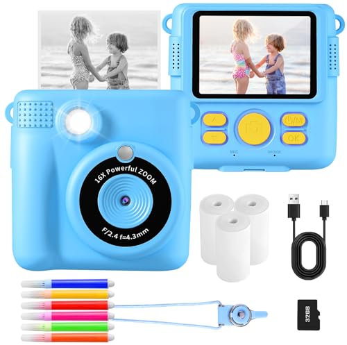AORILE Kids Instant Print Camera, 1080P HD Digital Camera with 32G SD Card, 3 Rolls Photo Paper & 6 Color Pens, for 3-14 Year Old Girls (Blue)