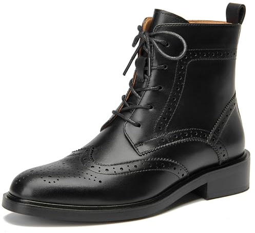 BEAU TODAY Womens Oxfords Boots, Black Leather Ankle Combat Boots for Women Dress Wingtip Brogue Short Booties Lace Up Fall Winter Shoes US Size 6