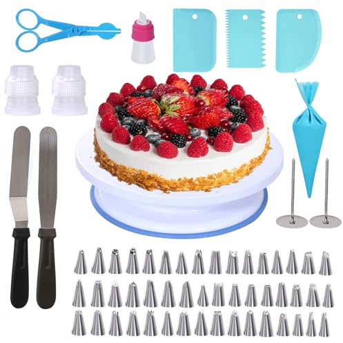 Uten 60PCs Cake Decorating Supplies Kit, Cake Decorating Stand Set with 11'' Cake Turntable, 48 Numbered Icing Piping Tips, 2 Spatulas, 3 Icing Comb Scraper, 1 Scissor, 1 Piping Bags, Baking Tools