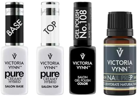 Victoria Vynn Nail Care Set: Pure Creamy Hybrid Top & Base, Black Velvet Gel Polish 8 ml, Salon Nail Prep 15 ml - Perfect Manicure at Home