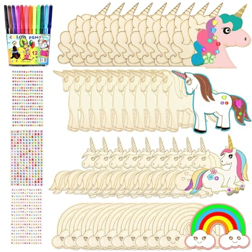 40 Stück Einhorn Bastelset, Holz Einhorn Bastelset zum Bemalen, Kinder DIY Einhörner Holz Deko, Holzbastelsets Mädchen Kindergeburtstag, Holzfiguren zum Bemalen mit Glitzersteine+Aquarellstift