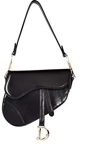 AQQWWER Umhängetaschen für Damen PU Leather Saddle BagFemale Shoulder Bag Wide Strap Messenger Cross Body Handbag Purse For Women (Color : Black, Size : 19 x 22 x 5.5 cm)