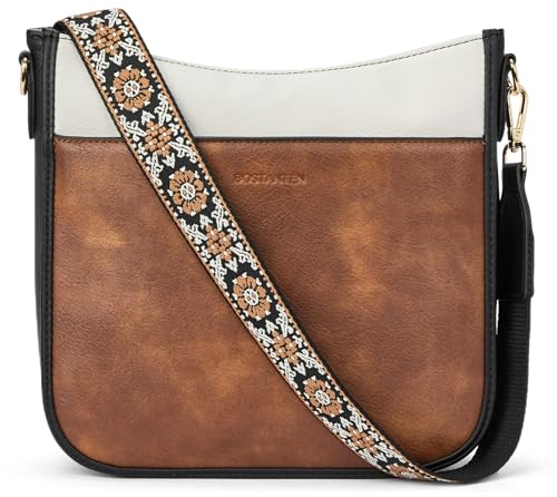 BOSTANTEN Handtasche Damen mittelgroß umhängetasche Crossbody Bags leder Schultertasche für Frauen Shopper tasche mit verstellbarem Farbigem Riemen Beige mit Braun