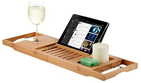 Badewannentablett, verstellbares Wannenregal, Badewannenablage aus Bambus, mit Weinhalter und Buchhalter, Badezimmer-Zubehör